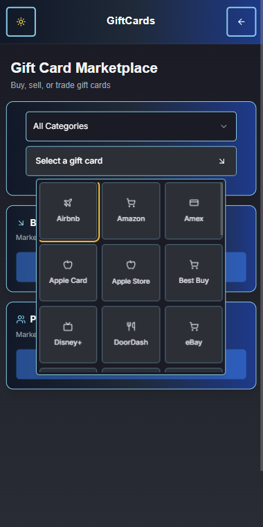 Rumbit Trading App Gift Card Selection Screen