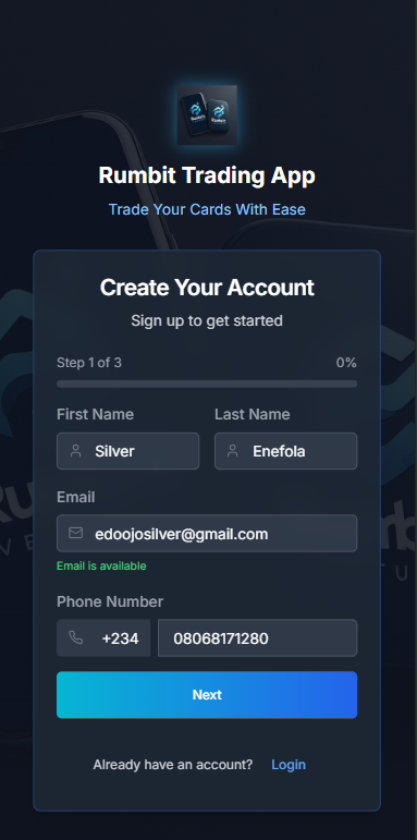 Rumbit Trading App Registration Screen