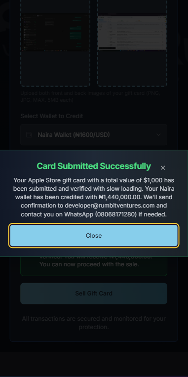 Rumbit Trading App Verification Success Screen